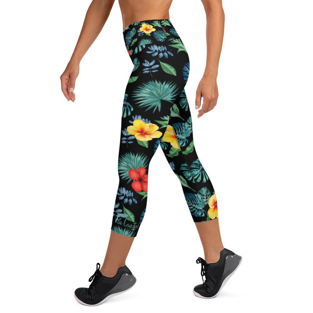 Tropical Hibiscus Capri Leggings Black - Fla Coastal Sunshine State Local Gear