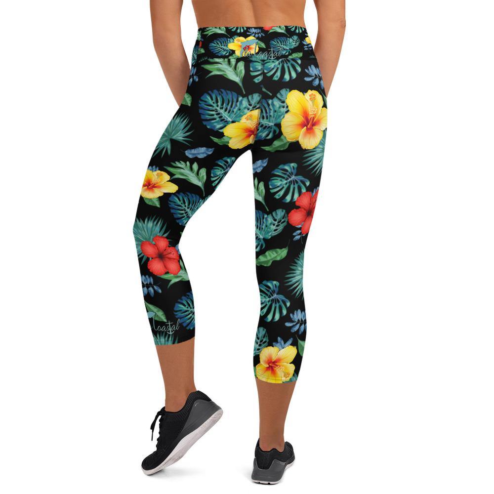 Tropical Hibiscus Capri Leggings Black - Fla Coastal Sunshine State Local Gear