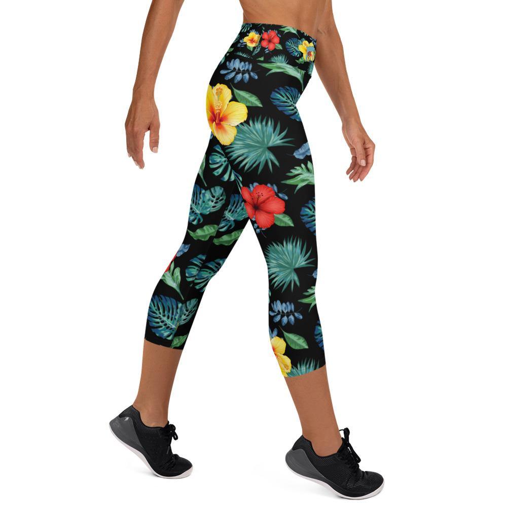 Tropical Hibiscus Capri Leggings Black - Fla Coastal Sunshine State Local Gear