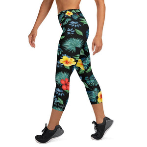 Tropical Hibiscus Capri Leggings Black - Fla Coastal Sunshine State Local Gear