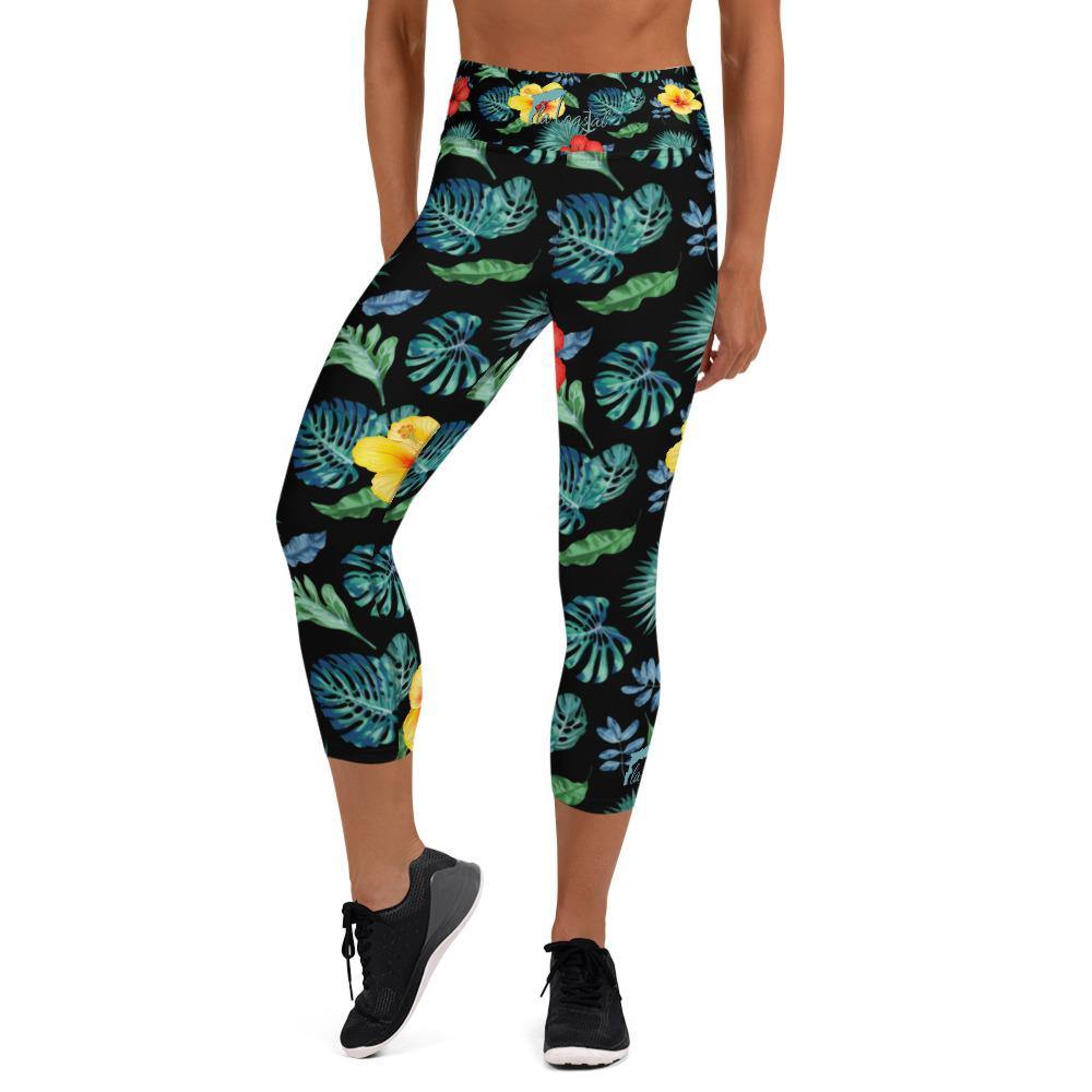 Tropical Hibiscus Capri Leggings Black - Fla Coastal Sunshine State Local Gear