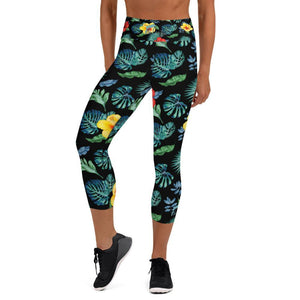 Tropical Hibiscus Capri Leggings Black - Fla Coastal Sunshine State Local Gear